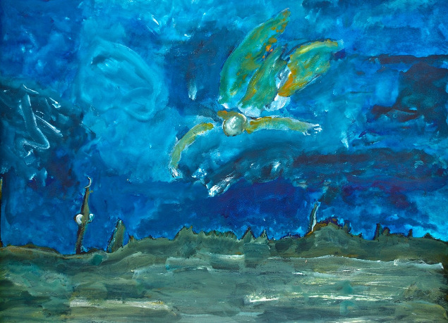 Patrick Hall: Angel over City, mixed media on paper, 42 x 60 cm | Patrick Hall: The Dream is Ourselves | Thursday 19 February  – Saturday 21 March 2015 | Hillsboro Fine Art