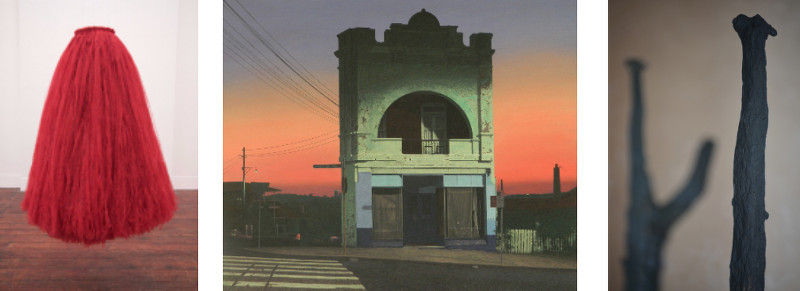 L-R: Bernadette Cotter, Skin to Air (detail), 2014, strips of fabric, thread; John Doherty, Sun setting on a passing Icon, 1995, acrylic on canvas; Sue Crellin McCarthy, Apocalypse of Thought (detail), 2015, acrylic two way mirror, broken charred trees, spray paint | Disconnect | Saturday 21 March  – Saturday 2 May 2015 | Uillinn: West Cork Arts Centre