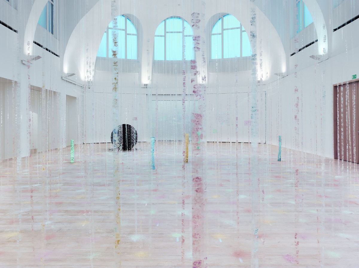 Karla Black: Practically in Shadow, 2013, Plaster powder, powder paint, florist foam, bath bombs, nail varnish, polythene, thread, cellophane, sellotape. Hanging element: 840 x 870 x 80 cm Floor element: 160 x 1200 x 670 cm. Overall dimensions variable. Installation view, Institute of Contemporary Art, University of Pennsylvania, 2013. Photo: Aaron Igler/ Greenhouse Media | Karla Black | Friday 1 May  – Sunday 26 July 2015 | IMMA