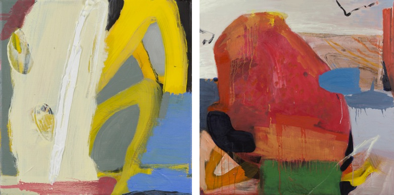 left: Eamon Colman: Avoid the disquiet of a crowded life, 2015, oil on linen 30 x 30 cm; right: Eamon Colman: Summer wind blew the park from its moorings, 2015, oil on linen, 120 x 120 cm | Eamon Colman: Walking at Three Miles Per Hour | Friday 17 July  – Friday 28 August 2015 | Hillsboro Fine Art