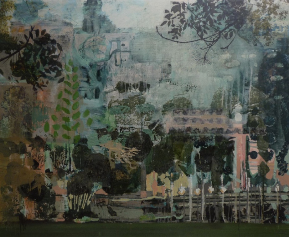 Frances Ryan, Concrete and Snapdragon, oil and collage on panel, 100 x 100 cm | Frances Ryan ARUA: The Secret Garden | Friday 2 October  – Saturday 24 October 2015 | Solomon Fine Art