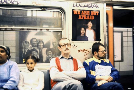 Les Levine, ''We Are Not Afraid'' campaign, NYC subways, 1981, Unique cibachrome, 50.8 x 60.96 cm , Collection Irish Museum of Modern Art; donated by Barbara and Donald Seligman, 2014 | IMMA Collection: Les Levine: Using the Camera as a Club | Thursday 19 November 2015  – Monday 2 May 2016 | IMMA