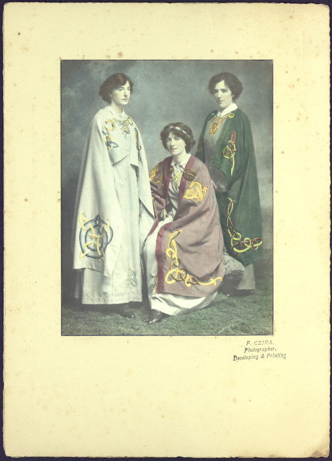 Hand-coloured full length studio portrait of (L-R) Nora, Laura and Agnes Daly in costumes of Celtic design | Limerick and the 1916 Rising | Monday 21 March  – Sunday 15 May 2016 | Hunt Museum