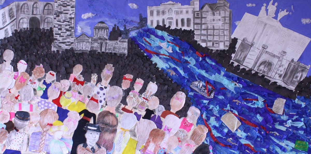 An interpretation of Jack B Yeats The Liffey Swim, to represent the years 1916-20, by 6th class pupils from St Joseph’s Girls National School in Clonakilty | 1916 – 2016: A Century of Art and History | Saturday 30 April  – Saturday 21 May 2016 | Uillinn: West Cork Arts Centre