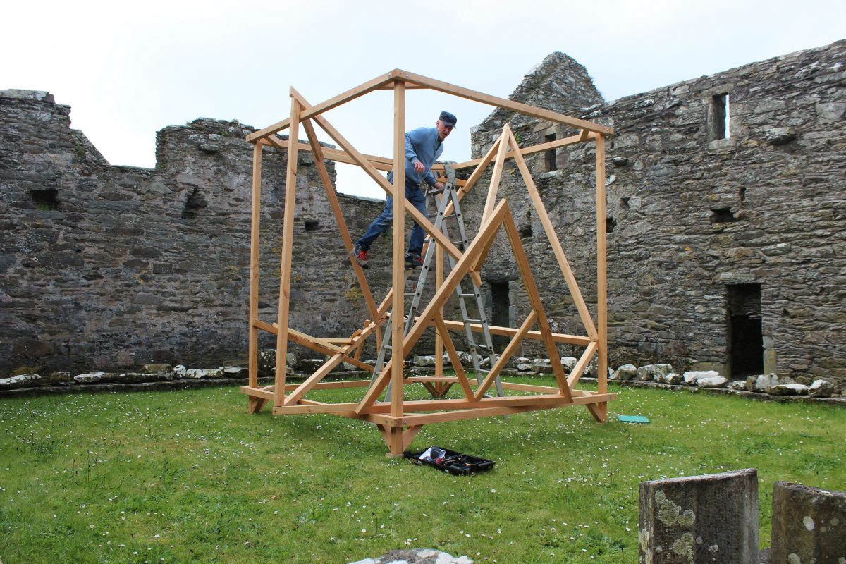 Ben Townsend Installing his work in Sherkin Abbey | Uncover – BA Visual Art Degree Art Trail on Sherkin Island | Saturday 21 May  – Sunday 22 May 2016 | 