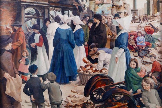 Muriel Brandt: The Breadline 1916, c.1950, oil on board, 61 x 38cm | Conflicting Visions in a Turbulent Age 1900-1916 | Friday 3 June  – Saturday 20 August 2016 | Crawford Art Gallery