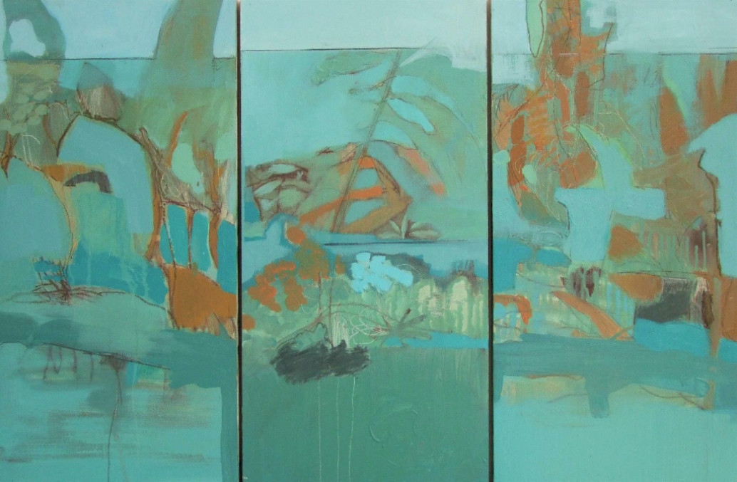 Julie Cusack: September, triptych, oil on board, 30 x 60cm, or 90 x 60 cm | Julie Cusack: Dreaming in Blue | Friday 3 June  – Saturday 25 June 2016 | Solomon Fine Art