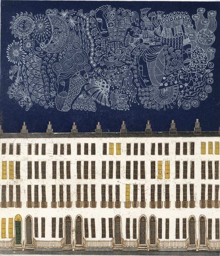 Yoko Akino: Mountjoy Square Parnassus, etching, image size: 22cm x 19cm, paper size: 46cm x 38cm | Urbis Felicitas – A Celebration of Mountjoy Square | Thursday 8 September  – Saturday 1 October 2016 | Graphic Studio Gallery