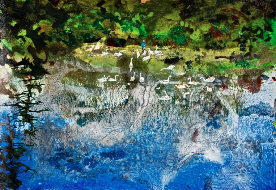 Ann Quinn: The Swan Lady, oil on hand-made paper, 29.5 x 41.5 cm, 2016 | Ann Quinn: The Place Where I Stand to Look out over This World | Friday 23 September  – Saturday 8 October 2016 | Taylor Galleries