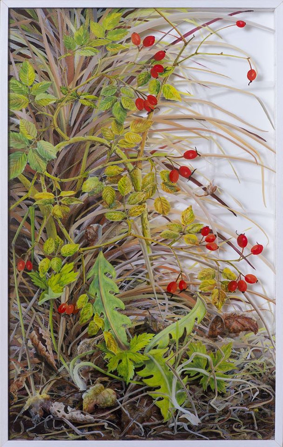 Yanny Petters: Rosehips with palm fronds, October, paint on glass / verre églomisé, 60 x 38 cm | Yanny Petters: “Come with me, I’ll show you something beautiful” | Sunday 9 October  – Sunday 6 November 2016 | Olivier Cornet Gallery