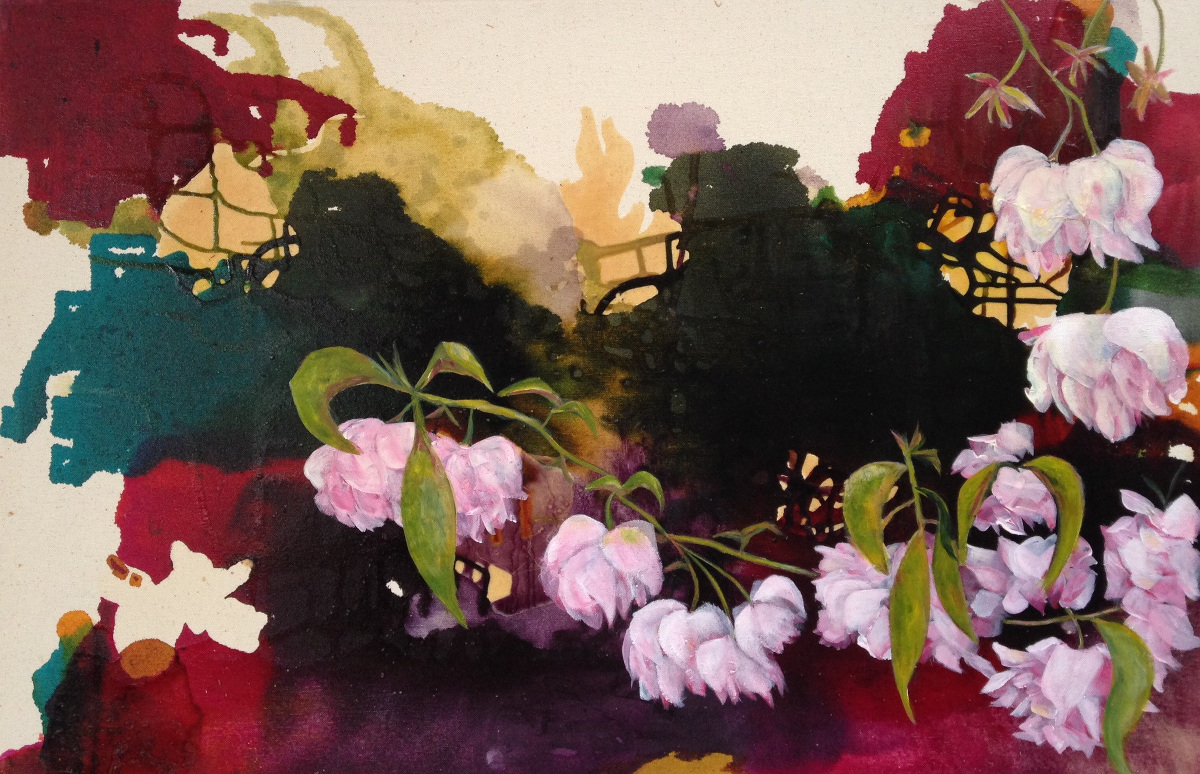 Trish Taylor Thompson: Madam Butterfly’s Garden, glass inks & acrylics on canvas, 92cm x 60.5cm, from the series ‘Sakura’ | Curator’s Choice: Trish Taylor Thompson | Thursday 1 December  – Saturday 31 December 2016 | Hunt Museum