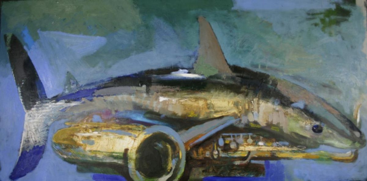 Diarmuid Delargy, 'Tope and Saxaphone' - Art and Extinction, 2017, oil on canvas, 102 x 51 cm | Diarmuid Delargy: Preoccupations | Friday 3 March  – Saturday 18 March 2017 | Taylor Galleries