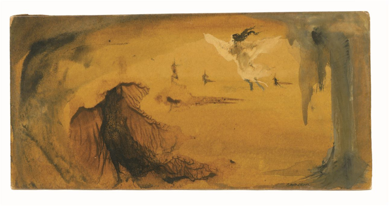 Marjorie Cameron, Untitled (Mystical Landscape with Spirits), undated. Watercolour, ink and varnish on posterboard 36.8 x 47 cm. Courtesy Cameron Parsons Foundation and Nicole Klagsbrun. Photo: Christopher Burke Studio. | As Above, So Below: Portals, Visions, Spirits & Mystics | Thursday 13 April  – Sunday 27 August 2017 | IMMA