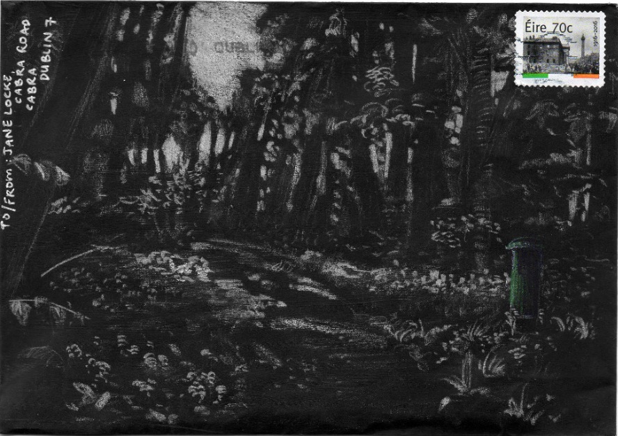 Jane Locke: Black Envelope 6, 2016, pencil on painted envelope, 16 x 11cm; image courtesy of the artist. | Tales from a Green Post Box – A Performative Lecture by Jane Locke | Wednesday 22 March  – Saturday 25 March 2017 | Royal Hibernian Academy