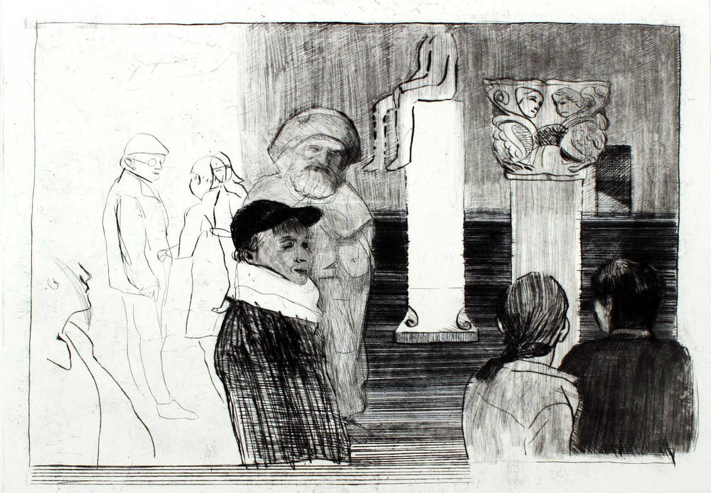 Maev Lenaghan: Museum, drypoint on Hahnemüle, 50 x 70 cm | Equinox | Friday 24 March  – Thursday 13 April 2017 | Graphic Studio Gallery