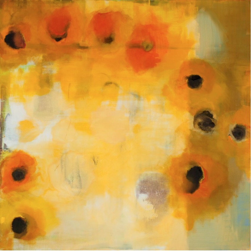 Cléa van der Grijn: Marigold Field 6, multimedia and oil on stretched linen, 152 x 152 cm | Cléa van der Grijn: Reconstructing Memory – Selected Works | Friday 23 June  – Saturday 15 July 2017 | Solomon Fine Art