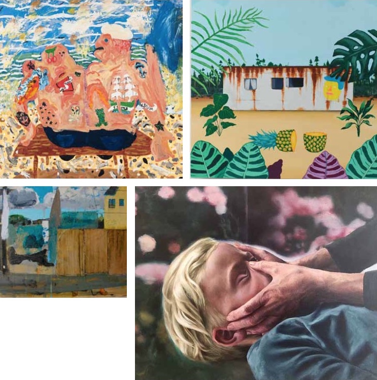 Clockwise from top left: Amanda Doran: The Seamen; James Kirwan: Cooking Up Something Good; Patrick Redmond: Facemaker; Stephen Nolan: Street Scene | Art in Gorey | Saturday 15 July –  Thursday 31 August 2017 | 