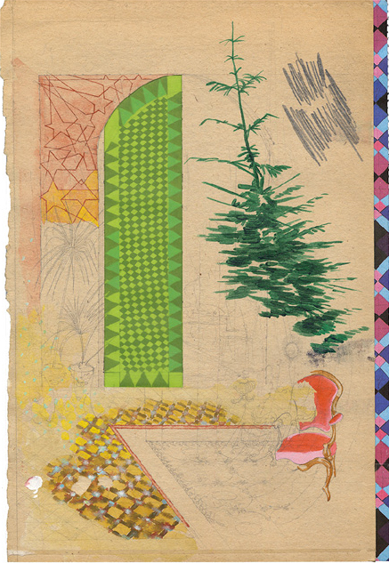 David Eager Maher: Veranda, 2017, watercolour and oil on assembled found paper, | Jealous Wall | Friday 1 September  – Saturday 14 October 2017 | Luan Gallery