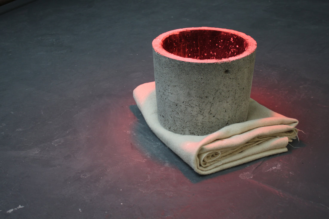 Katie Watchorn: Cud Milk and Heats, 2014, concrete, wool blanket, salt solution, heat-lamp, dimensions variable | Bare Root | Monday 23 October  – Friday 1 December 2017 | Wexford Arts Centre