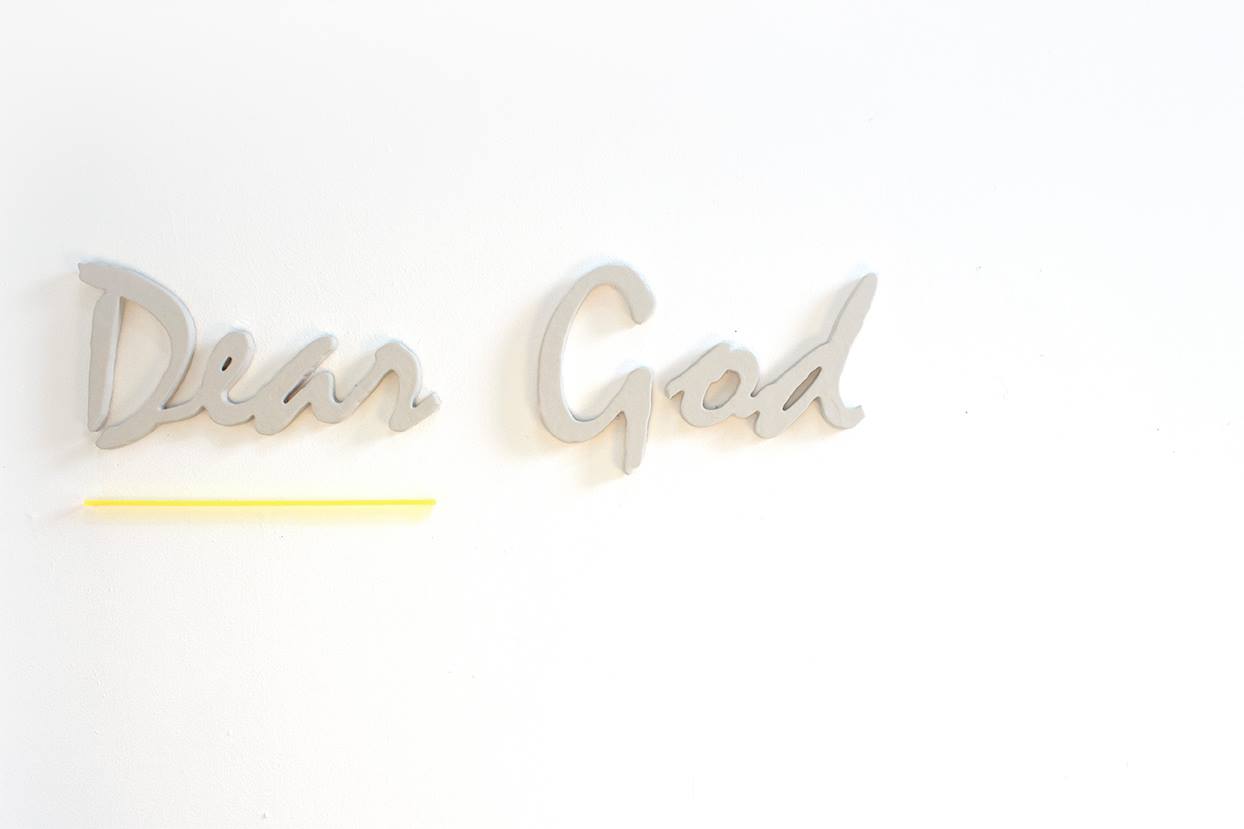 Naomi Sex: installation shot, text based sculptural work entitled Note To God, 2017, Photography Adam Gibney, Image courtesy of the artist. | Naomi Sex: All this Surface and Silence | Friday 17 November  – Wednesday 20 December 2017 | Royal Hibernian Academy