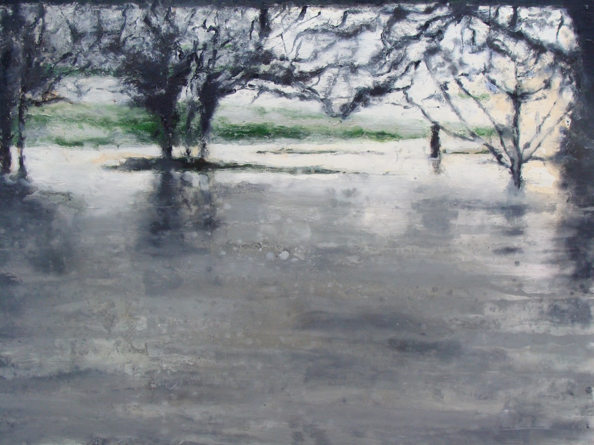 Bernadette Kiely: River in flood, oil on canvas, 102 x 153 cm, 2012 | Bernadette Kiely: SO MUCH WATER [so] CLOSE TO HOME | Saturday 3 February  – Sunday 25 March 2018 | Luan Gallery