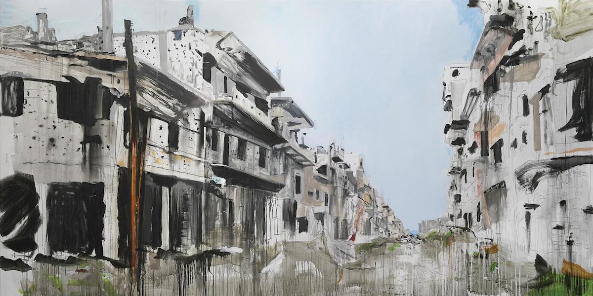 Brian Maguire: Aleppo 4, 2017, acrylic on linen,  200 x 400cm; courtesy the artist and Fergus McCaffrey Gallery | Brian Maguire: War Changes Its Address: The Aleppo Paintings | Friday 26 January  – Monday 7 May 2018 | IMMA