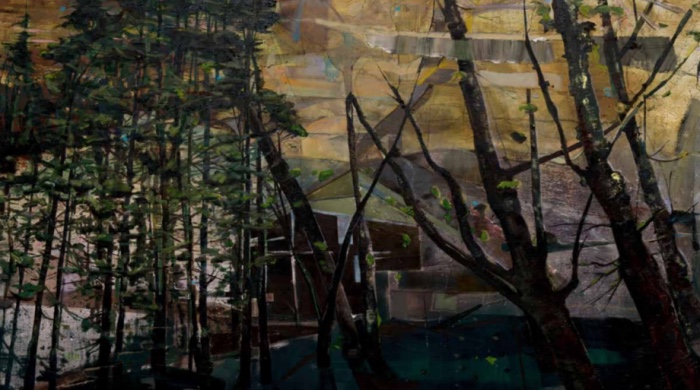 Elizabeth Magill, Wildlife, 2017, Oil and screen-print on canvas, 153 x 183.5cm, Photography by Studioworks Photography and LCGA, Image courtesy of the artist. | Elizabeth Magill: Headland | Friday 19 January  – Sunday 25 February 2018 | Royal Hibernian Academy