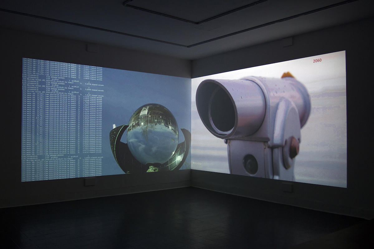 Martina O’Brien: Peripheries, two-channel HD video projection, audio, 9 minutes 25 seconds, looped , 2017; photo Michael Holly Photography | Martina O’Brien: At Some Distance in the Direction Indicated | Saturday 10 March  – Sunday 29 April 2018 | Butler Gallery