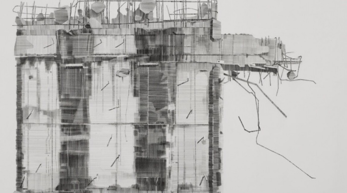 Dorothy Smith, Demolition, 2017, pencil on paper, 76 x 56 cm, image courtesy of the artist. | Dorothy Smith: Land Marks | Thursday 15 March  – Sunday 22 April 2018 | Royal Hibernian Academy