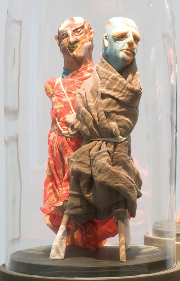 Thomas Schütte, Untitled (United Enemies), 1994, modelling clay, fabric, wood, rope, PVC pipe and glass dome, 185 x 25 cm / 73 x 9.8 in. Collection of De Pont Museum, Tilburg (NL). Photo by Peter Cox. | Face to Face | Friday 29 June  – Saturday 18 August 2018 | Kerlin Gallery