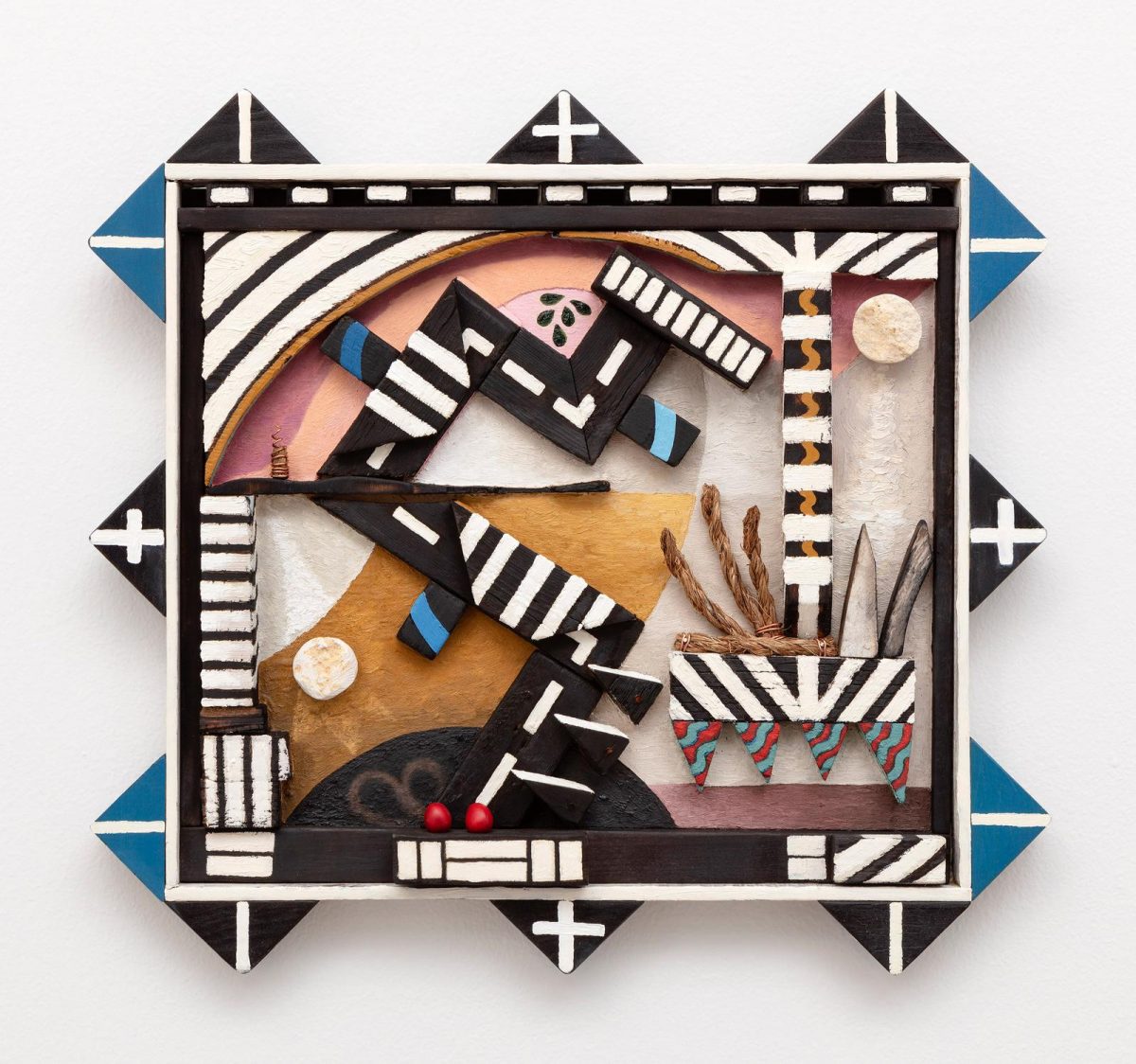 Daniel Rios Rodriguez, Sophora Secundiflora Moon, 2018, oil, rope wood, copper, limestone, Texas Mountain Laurel seeds on wood panel, 38.1 x 43.18 cm / 15 x 17 in | Daniel Rios Rodriguez: Bite the Tongue | Monday 27 August  – Saturday 29 September 2018 | Kerlin Gallery