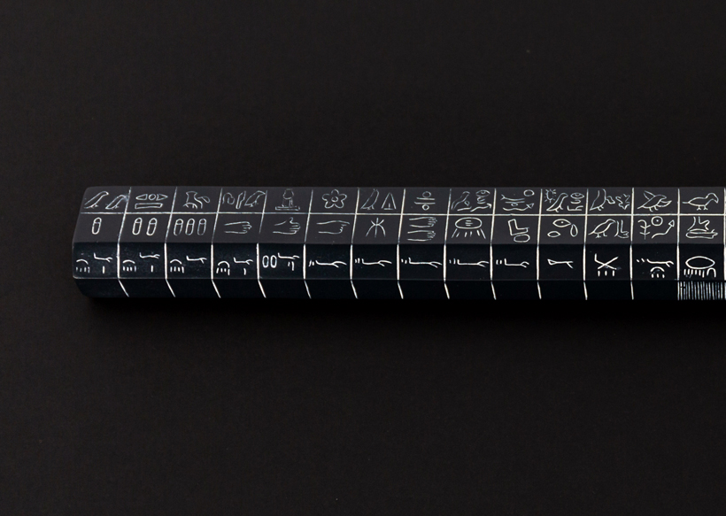 Egyptian Royal Cubit measuring-rod (detail), 2018. Image courtesy of the artist Tom O'Dea, photography Neil Smyth. Egyptian Royal Cubit measuring-rod exhibit on loan from the NSAI (National Standards Authority of Ireland) National Metrology Laboratory (NML) Ireland on the occasion of the exhibition, 'Infrastructure of Now' curated by Anne Kelly, NCAD Gallery. | Infrastructures of Now | Friday 21 September  – Friday 30 November 2018 | NCAD Gallery