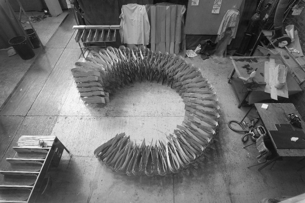 Maud Cotter without stilling (work in progress) at the National Sculpture Factory, Cork; photograph by Roland Paschhoff, courtesy the artist and domobaal. | Maud Cotter: a consequence of – without stilling | Sunday 30 September 2018  – Sunday 6 January 2019 | Limerick City Gallery