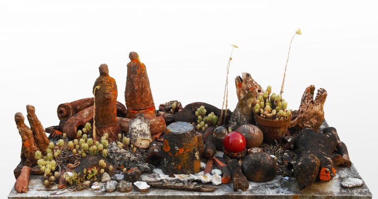 Janet Mullarney, Lenience (paessaggio  di compassione), 1988 – 2018, fired clay, plants, table and mixed media, Dimensions variable, Photography Nataly Maier, Image courtesy of the artist | IMMA Collection: Then and Now, Janet Mullarney | Friday 15 February  – Sunday 13 October 2019 | IMMA