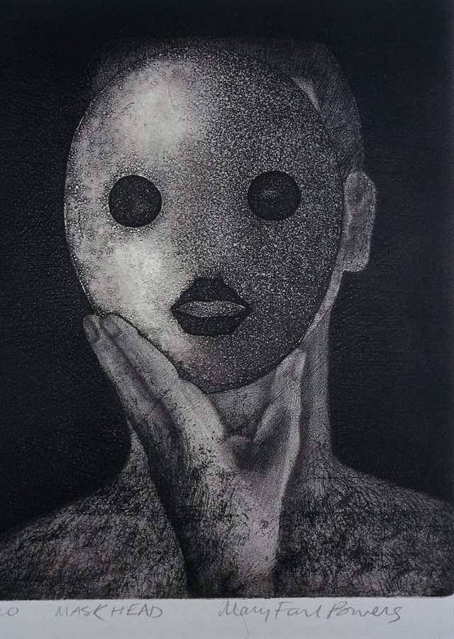 Mary Farl Powers, Mask Head I, 1973, Etching, 30.5 x 25 cm, Collection Irish Museum of Modern Art: Donation, Powers Family, 2009 | IMMA Collection: A Fiction Close to Reality | Friday 15 February  – Sunday 13 October 2019 | IMMA