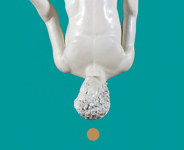 Adonis (detail), c.1816, plaster cast Collection Crawford Art Gallery, Cork | Recasting Canova |   | Crawford Art Gallery | Image: Adonis (detail), c.1816, plaster cast Collection Crawford Art Gallery, Cork – the marble-like statue of Adonis is shown from waist up, upside-down, with an orange dot above, as in below, his head; the background is a strong turquoise 