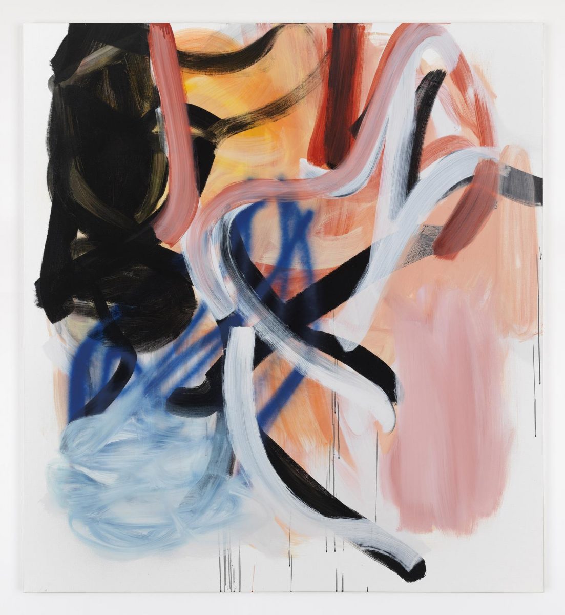 Liliane Tomasko, dark goes lightly, 2018, Acrylic and acrylic spray on linen 172.7 x 157.5 cm / 68 x 62 in | Liliane Tomasko: The Red Thread | Saturday 9 March  – Saturday 13 April 2019 | Kerlin Gallery