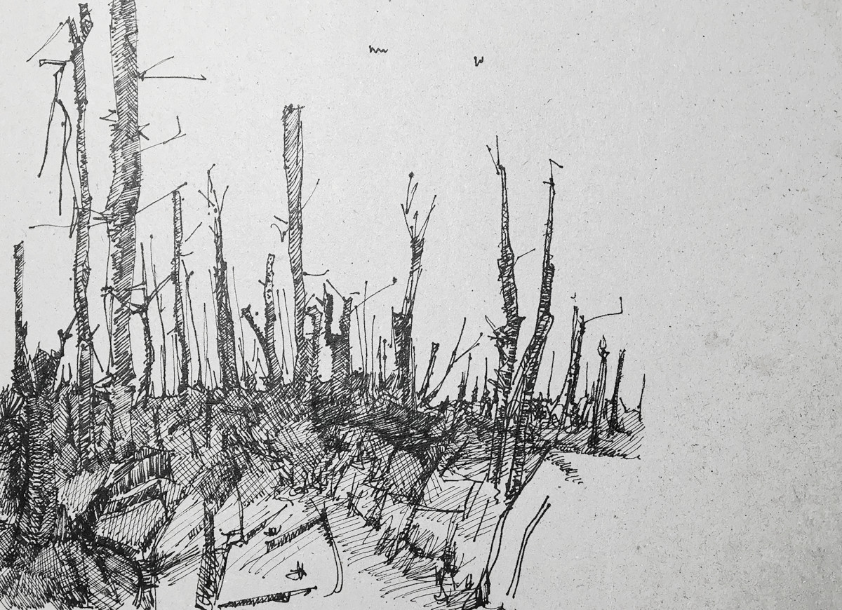 Ben Reilly: stumpy thicket, pen and ink on card, 21 x 29 cm, 2019 | Ben Reilly: Graft | Friday 5 April  – Friday 3 May 2019 | Studio 12