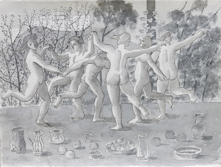 Stephen McKenna, Nude dancing figures, trees in background 2012, watercolour on paper, 29 x 38 cm / 11.4 x 15 in paper size | Merlin James, Elizabeth Magill and Stephen McKenna: last day of May | Friday 31 May  – Saturday 6 July 2019 | Kerlin Gallery