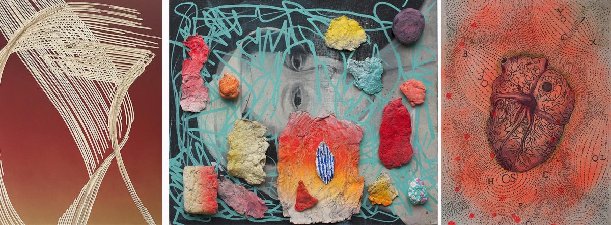 (left to right): Wolfgang Flad, MH9K, 2018, acrylic on panel 90 x 70cm; Patrick Redmond, Take a look at me now, 2019, paper on oil painting, 36 x 30cm; Friederike Ruff, Return to Sender, 2016-17, embroidery and acrylic on canvas, 30 x 40cm | HERE / there | Monday 24 June  – Friday 16 August 2019 | Wexford Arts Centre