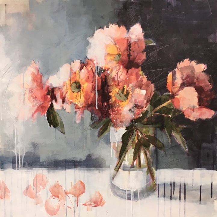 Bridget Flinn: Peonies, acrylic on canvas, 70 x 70cm | Summer Group Show | Friday 9 August  – Saturday 31 August 2019 | Solomon Fine Art