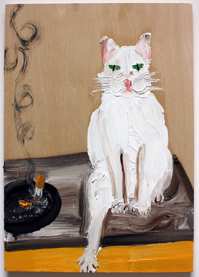 Amanda Doran: Ghost, The Smoking Cat, 2019, oil on board, 42 x 30 cm | Amanda Doran & Sheila Rennick: Pretty Fleshy Paint Things | Thursday 19 September  – Saturday 19 October 2019 | Hillsboro Fine Art