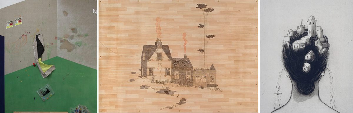 Ramon Kassam, New Work, 2016, acrylic, inkjet prints, stretcher bar on linen, 213 x 180cm, Arts Council Collection; Stephen Brandes, Bed & Breakfast, 2005, marker, acrylic on canvas, 201 x 282cm, Arts Council Collection; Alice Maher, The Architect, 1996, etching, 66 x 51cm, Arts Council Collection | From the Mountain | Monday 21 October  – Monday 25 November 2019 | 