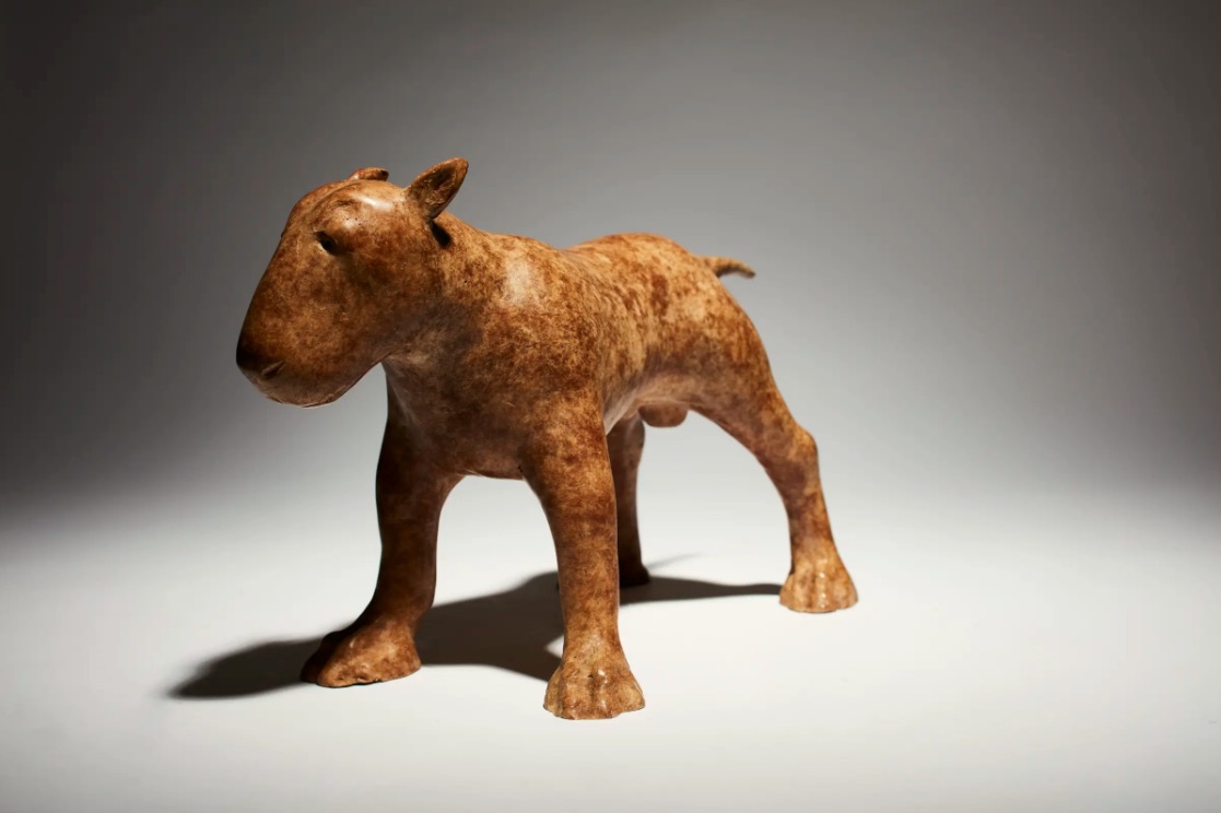 Anthony Scott RUA, Brindle Bull Terrier, bronze, edition of 9, 22 x 30 x 15cm | Anthony Scott RUA: New Sculpture | Friday 1 November  – Saturday 23 November 2019 | Solomon Fine Art