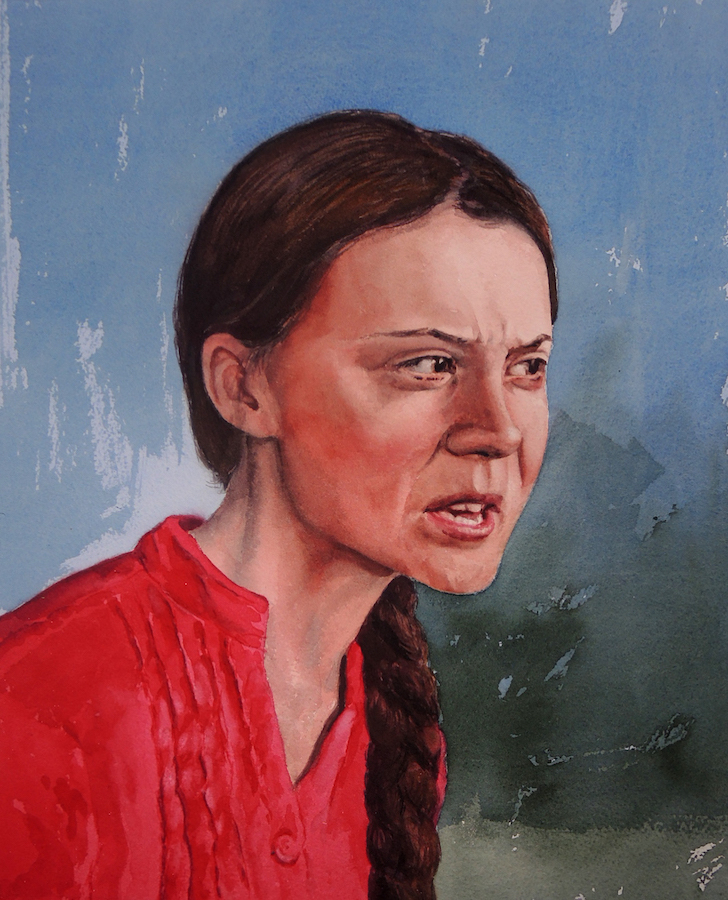 ‘Greta’ by Eoin Mac Lochlainn, watercolour on Arches paper, 65.5 x 49cm | Drawing on Don Quixote | Sunday 19 January  – Sunday 15 March 2020 | Olivier Cornet Gallery