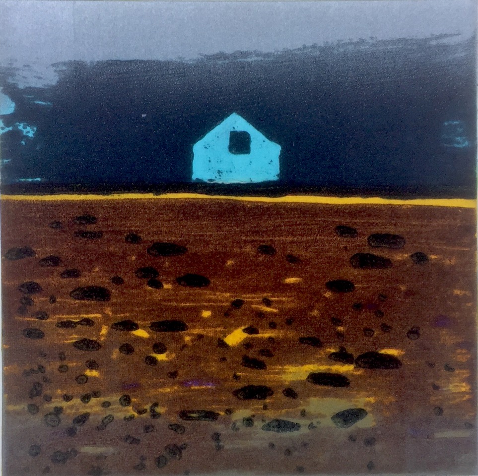 Barbara Rae: Hudsons Bay Hut, Carborundum, paper size : 45h x 46w cm, image size : 22h x 22w cm | Barbara Rae: Crossing Borders | Thursday 27 February  – Thursday 26 March 2020 | SO Fine Art Editions