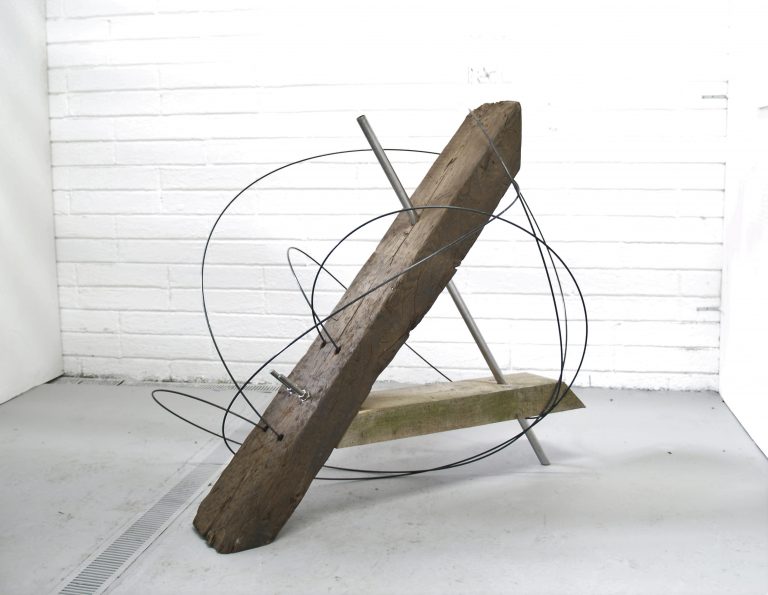 Joseph Fogarty: ‘3, 4, 5’, 2019, sleeper, pinewood, stainless steel, carbon fibre, 117cm x 126cm x 90cm. | Inherited Possibility: Joseph Fogarty | Friday 21 February  – Friday 20 March 2020 | Studio 12