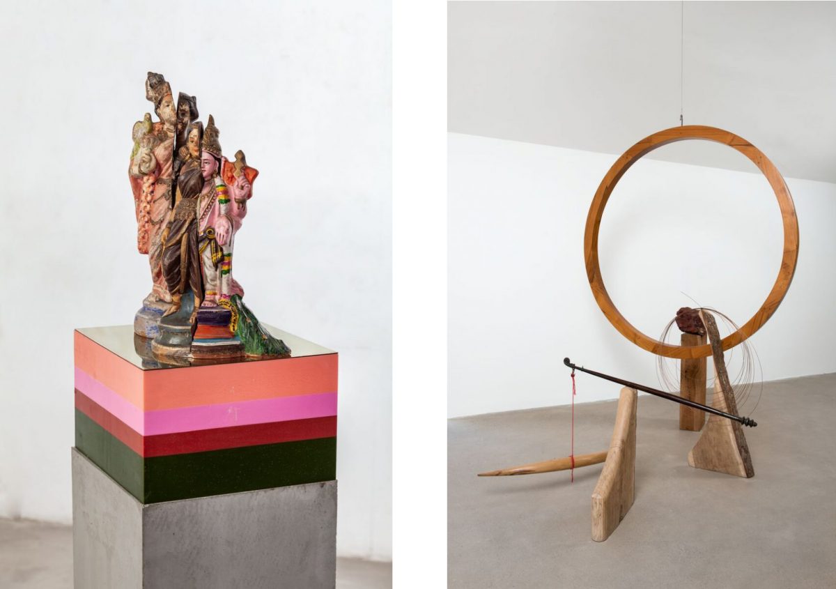 Bharti Kher, Artemis, 2019, Clay, cement, wax, brass, 157.2 x 30 x 30 cm / 61 7/8 x 11 3/4 x 11 3/4 inches, Sculpture: 48.2 x 16 x 16 cm, Cement plinth: 100.5 x 30 cm. Courtesy the artist and Hauser & Wirth; Bharti Kher, Consummate joy and a Sisyphean task, 2019, Wood, copper, steel, red jasper stone, 247 x 66.9 x 200 cm / 97 1/4 x 26 3/8 x 78 3/4 inches. Courtesy the artist and Hauser & Wirth. | Bharti Kher: A Consummate Joy | Tuesday 21 July 2020  – Sunday 17 January 2021 | IMMA