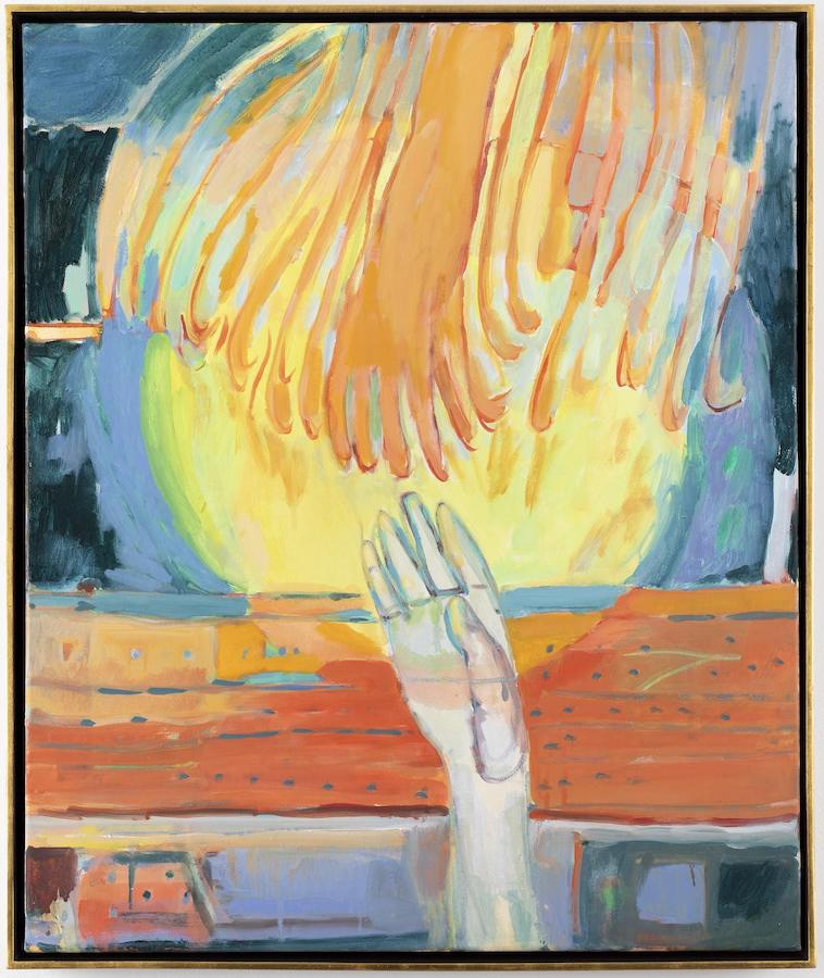 Isabel Nolan, Tender Beams, 2019, waterbased oil on canvas, hand-gilded 24 carat gold and painted clay frame,
62.5 x 52.2 x 4.9 cm / 24.6 x 20.6 x 1.9 in framed | Kerlin at Dallas Art Fair Online | Online from Tuesday 14 April at 16:00 GMT –   Thursday 23 April 2020 | 