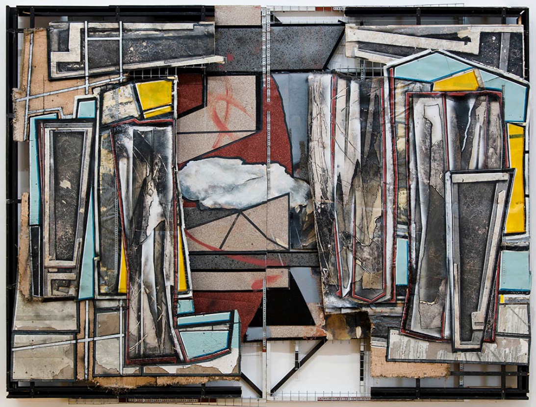 Neil Carroll: Icefall, 240cm x 300cm, emulsion paint, paper, plaster, wood, steel mesh, linoleum flooring, tape, cement, burlap, perspex, galva-band, 2019 | Neil Carroll: In Pursuit of the Brocken Spectre | Friday 14 February  – Sunday 2 August 2020 | Royal Hibernian Academy